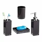 Relaxdays Badaccessoires Set 4-teilig, modern, Zahnputzbecher, Zahnbürstenhalter, Seifenspender, Seifenschale, schwarz, 9 x 12 x 19.5 cm