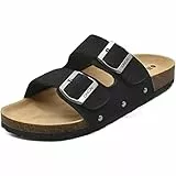 ONCAI Sandalen Damen Kork-Fußbett Pantoletten Damen Flach Rutschfest Sommer Badelatschen Mit Verstellbarer Rieme Schwarz Größe 40
