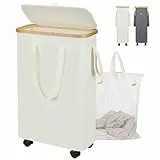 Yamagahome Wäschekorb Schmal mit Rollen und Deckel, 52L Wäschesammler Schmal mit Wäschesack, Faltbarer Wäschekorb aus Bambus mit Tragegriff für Apartment, Wohnheim und Wohnwagen, Beige