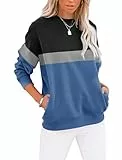 Cuptacc Sweatshirt Damen Pullover Winter Farbblock Langarmshirt Damen Oberteile Elegant Rundhals Locker Top Schwarz Blau Groß L 42-44