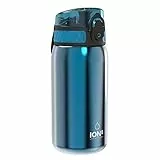 ion8 Kinder Trinkflasche, Edelstahl Leicht 400ml, Nicht Isoliert, Auslaufsicher, Einhandöffnung, Sichere Verriegelung, Spülmaschinenfest, Klappdeckel, Tragegriff, Leicht zu Reinigen, Blau
