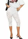 TZLDN Damen Spitze Leggings 3/4 Capri Hosen Sexy Durchsichtig Leggins Festival Disco Party Outfits Weiss M
