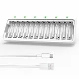 12 Fach Akku Ladegerät AA AAA, Dlyfull Batterieladegerät für AA AAA NI-MH NI-CD Akkus mit Type C und Micro USB Eingangsport, Schnelle Akkuladegerät mit LED Anzeige für Wiederaufladbar Batterien