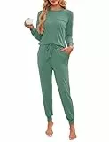 Namtime Schlafanzug Damen Baumwolle Pyjama Lang Zweiteiliger Nachtwäsche Rundhalsausschnitt Loungewear Set Winter Hausanzug Grün M