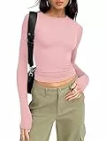 OOHOKAY Damen Langarmshirt Basic Oberteile Y2K Slim Fit Tshirt Langärm Crop Tops(Wassermelone rosa-L1,S)