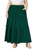 Moon Wood Damen Sommerrock Langer Rock Maxirock Stretch Hohe Taille Plisseerock mit Taschen Große Größen Dunkelgrün XXL