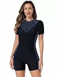 Odizli Badeanzug Damen mit Bein Kurzarm Reissverschluss Sport Bauchweg Schwimmanzug Badeanz�ge mit Cups Frauen Muslim Burkini Bademode Neopren Kurz Neoprenanzug Surfanzug Schwarz Blaugrau M