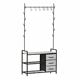 Leader Accessories Garderobenständer mit Bank Metallgarderoben rustikal Kleiderständer 176x30x84cm (HxTxB) Schwarz/Hellgraue Holzmaserung