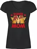T-Shirt Damen V Ausschnitt - Super Mom I Supermom Heldin Mama - M - Schwarz - muttertagsgeschenk Shirt Mutter Mum supermama Tshirt Geburstag Geschenke für Mutter-t-Shirt mütter coolste Tshirts