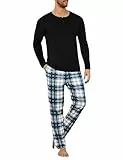 Uniexcosm Schlafanzug Herren Lang Kariert Pyjama Set Zweiteiler Nachtwäsche aus Baumwolle Rundhals Langarm Knopfleiste Oberteil und Pyjamahose Schlafanzüge für Männer PAT1 M