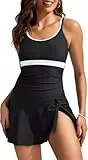 Kate Kasin Women's One Piece Swimdress U-Neck Cross Back Bathing Suit Ruched Tummy Control Skirted Swimsuit with Built-in Briefs Black L