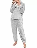 Niwicee Schlafanzug Damen Lang Pyjama Damen 2-Set, Hausanzug Damen Kuschelig Weich Nachtwäsche Sleepwear Pyjamahose,Polar Fleece Oberteile Hosen Warm Anzug Lose Freizeitanzug Mit Tasche-B-Lila-L