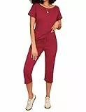 Totatuit Damen Trainingsanzüge Set mit Kurze ärmel Tops und 3/4 Hose Schulterfreier Elastischer Bund Dehnbarer Zweiteiliges Outfit Loungewear Weinrot XL