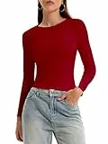OOHOKAY Damen Langarmshirt Basic Oberteile Y2K Slim Fit Tshirt Elegant Stretch Unterziehshirt Pullover Langärm Crop Tops Streetwear(Rot-L1,M)