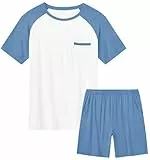 Haloumoning Jungen Schlafanzug Set Kinder Kurzarm Pyjamaset Sommer Zweiteiliger Nachtwäsche mit T-Shirt und Schlafhose Shorts - Größe 120 bis 160 Blau 150