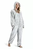 CityComfort Onesie Damen, Jumpsuit Damen Kuschelig, Einteiler Schlafanzug Damen, Pyjama Overall Damen, S-XL (M, Zwei Ton Grau)