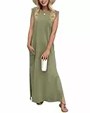 Tanmolo Damen Sommerkleid Rundhals Freizeit Lang Maxikleid Taschen Tunika Strand Kleid Lockerer Seitenschlitzen L Hellolivgrün