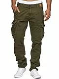 Indicode Herren William Cargohose aus Baumwolle m. 7 Taschen inkl. Gürtel | Outdoorhose Army, XL