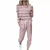 blitzangebote des tages heute Damen Tracksuit Langarm Rundhals Trainingsanzug Casual Zweiteiler Outfit Sport Sweatshirt und Lange Hose Jogginganzug Streifen Sportswear Langarmshirt & Jogginghose