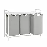 VASAGLE Wäschekorb 3 Fächer, Wäschesammler mit Ablage, Wäschebox, Wäschesack aus Oxford-Gewebe abnehmbar, Metallrahmen, 3 x 40 L, 92,5 x 33 x 72 cm, taubengrau-mattweiß BLH301W03