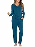 Wikoan Schlafanzug Damen Lang Zweiteiler Pyjama Winter Schlafanzug Warm Pyjama Set Langarm Einfarbig Weich Nachtwäsche Dunkelblau L