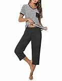 Crewhpo Schlafanzug Damen Baumwolle Kurz Pyjama Kurzarm Frauen V-Ausschnitt Nachtwäsche Set Zweiteiliger Top Kurzarm mit Tasche und 3/4 Lang Pyjamahose Loungewear Sommer