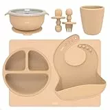 OLGS Silikon Kindergeschirr 6er Set für Baby & Kind | Kinder Geschirr, Teller, Becher, Tischset | Lätzchen, Schüssel mit Saugnapf Kinderbesteck PREMIUM BPA Frei Beige | Geschirrset ab 6 Monate (Cream)