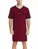 Enjoyoself Herren Nachthemd Kurzarm Rundhals Schlafanzugoberteil Weich Baumwolle Sleepshirt mit Knopfleiste Lufitg Schlafanzug ohne Hosengummi weinrot,L
