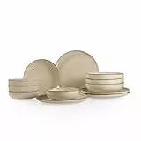 Kutahya Porselen Geschirrset 12-teilig – Tafelservice für 4 Personen aus Porzellan – Flachteller, Suppenteller & Schalen – Modernes Design, spülmaschinengeeignet, Zimtfarben