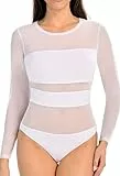 Teyli Bodysuit Women Damen Body Elegant - Mesh Top Body Langarm Damen - Body Damen Langarm Bodysuit Women Langarm aus Viskose und Mesh Weiß S