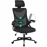 Yaheetech Bürostuhl Ergonomisch, Schreibtischstuhl mit Hochklappbaren Armlehnen, Drehstuhl mit Rückenlehne und Verstellbarer Kopfstütze, Chefsessel Wippfunktion, bis 136 kg Belastbar Schwarz