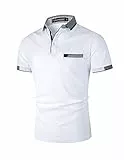 LIUPMWE Poloshirt Herren Kurzarm Baumwolle mit Brusttasche Polohemd Regular Fit Basic Streifen Tennis Golf T-Shirt,Weiß 1,M