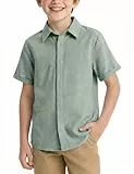 Arshiner Jungen Kurzarmhemd - Verdeckten Button-Down Shirt in Regular Fit, Bequem, Atmungsaktiv, Leicht für Sommer, Festliche, Freizeit und Schule 13-14 Jahre 160 Grün