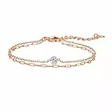 VISSEN Rosegold Armband DamenLayered Armband Mit Runde Zirkonia Anhängern Doppelt Kette Armband Edelstahl Verstellbar Armband Modeschmuck
