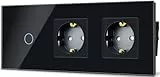 TAWOIA Normaler Lichtschalter mit Steckdose,EU Standard 2 Fach Steckdose 1 Fach 1 Wege Unterputz Lichtschalter Glasscheibe Berührungs Lichtschalter 86 * 228mm Schwarz