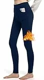 LYRIKER Winter Thermo Leggings Gefüttert Damen Fleece Winterleggings aus Baumwolle Thermoleggins mit Taschen Navy (M-L)