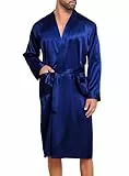 Lovasy Satin Bademantel Herren Lang Kimono Bademäntel für Herren Leicht Morgenmantel Zwei Seitentaschen mit Gürtel,Dunkelblau,L