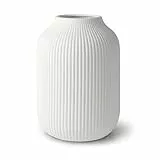 flature Keramik Vase mit Rillen – Wasserdichte Blumenvase in Weiß Matt für Schnittblumen Trockenblumen Pampasgras, Große Vase 20cm Hoch als Geschenk Deko für Wohnzimmer Schlafzimmer Büro