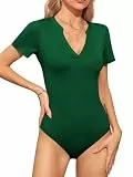 Missufe Damen Sommer Body V-Ausschnitt Kurzarm Figurbetonte Freizeit T-Shirt Bodysuit Tops (Dunkelgrün, Mittel)