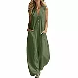 KODMNSW Jumpsuit Damen Elegant Sommer Overall Baumwolle Leinen Hosenanzug V-Ausschnitt Ärmellos Jumpsuits Weites Bein Playsuit Leinenhose Lang Romper Einteiler für Festlich Hochzeit Armeegrün S