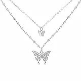 SpirWoRchlan 925 Sterling Silber Halskette Glänzende Schmetterling Quaste Halskette Weibliche Doppelschicht Anhänger Schlüsselbein Kette Hochzeit Party Schmuck Silber