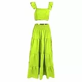 Zweiteiliges Kleid für Damen, elegantes Rüschenärmel, bauchfreies Top und elastische Taille, sexy Swing-Rock, modisch, lässig, langer Rock, Sommer-Maxikleid mit Blumenmuster, für Sommer, Urlaub, Party
