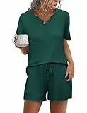 Demegimi Schlafanzug Damen Kurz Pyjama Baumwolle mit Knopfleiste Sommer Nachtwäsche V-Ausschnitt
