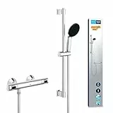 GROHE Precision Flow, Duschset mit Thermostat wassersparend, 8l pro Min (Duscharmatur hält Temperatur konstant, Duschkopf 1 Strahlart, 175cm Schlauch, Duschstange 60cm, 3in1 Werkzeug), chrom, 34800001