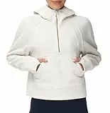 THE GYM PEOPLE Damen-Kapuzenpullover, halber Reißverschluss, langärmelig, Fleece, bauchfrei, Sweatshirts mit Taschen, Daumenloch, Cremeweiß, XS