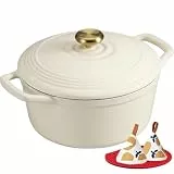 Overmont Bräter Emaille Gusseisen Topf - Schmortopf 26cm backofengeeignet - mit Deckel und Kochbuch - für Küche Backen Schmoren Braten Weiß
