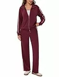 Terecey Trainingsanzug Damen Streatwear Sportanzüge Jogginganzug Zweiteiler Streifen Langarm Reißverschluss Outfit Sport Bekleidungsset Elegant Winter Freizeitanzug Sportanzug Weinrot M