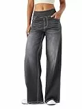 LaiEr Damen Denim Hose mit weitem Bein, hohe Taille, gerades Bein, lockere Passform, Unregelmäßiger handgeriebener Katzenschnurrhaarverlauf hohe Elastizität Casual Jeans(Medium GrauL)