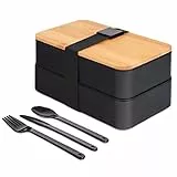 VBOK IGFE Bento Box Japanisch - Brotdose mit Fächern -3 teiligem Besteck- Lunchbox mit Bambusdeckel für die Schule und Arbeit für Kinder & Erwachsene