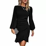 TcIFE Damen Kleid Freizeitkleid Rundhals Langarm Bodycon Rüschenkleid Kurz Enges Mini Kleider Klassic Casualkleid Elegant Frauen, Schwarz, S
